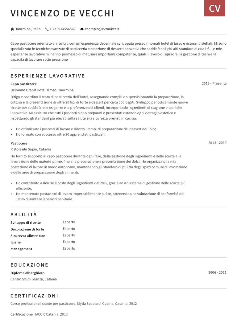Esempio di curriculum per pasticcere