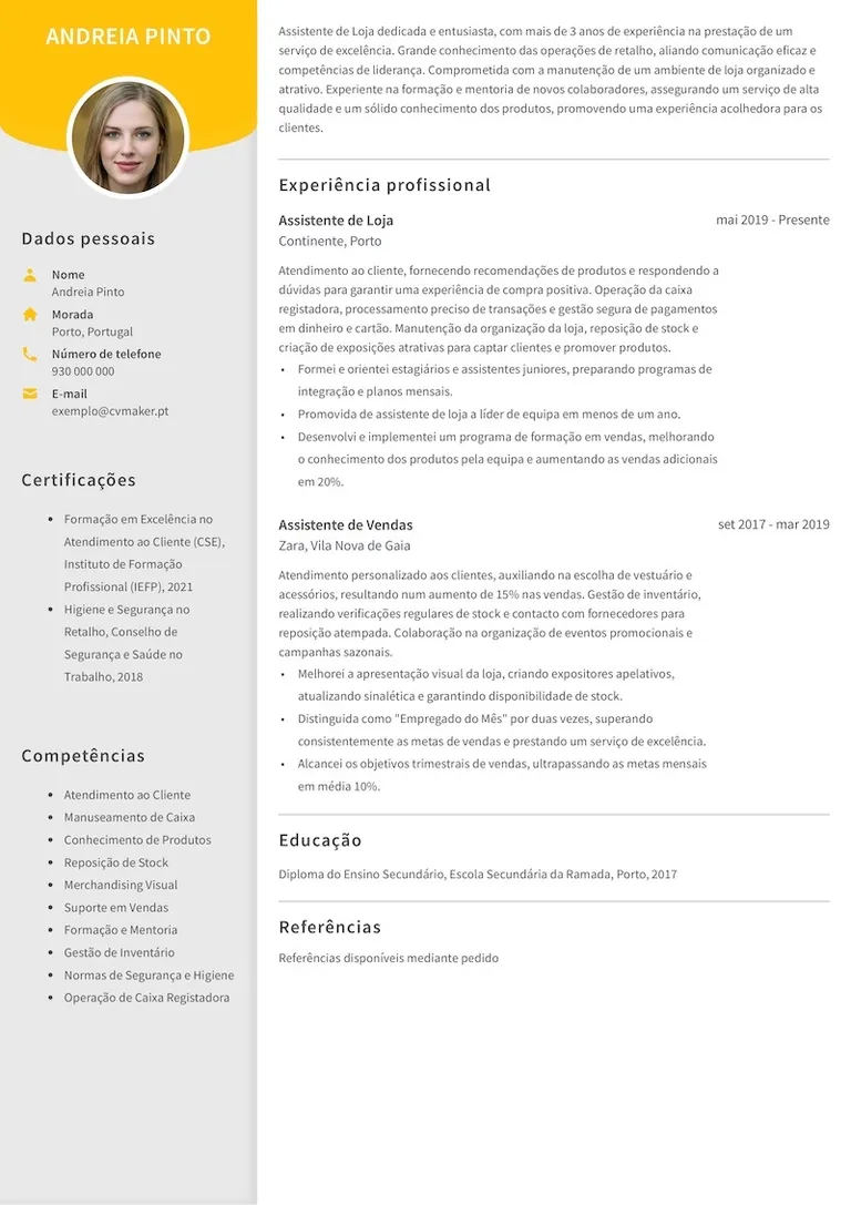 Exemplo de um currículo de assistente de loja