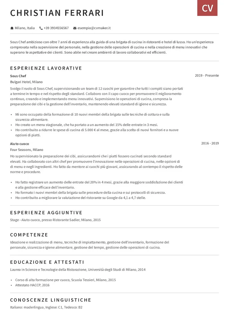Esempio di curriculum da cuoco