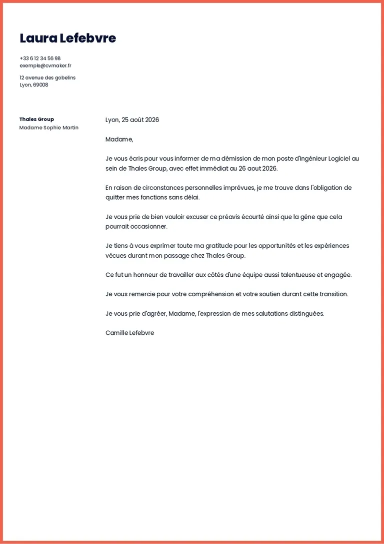 Lettre de démission sans préavis