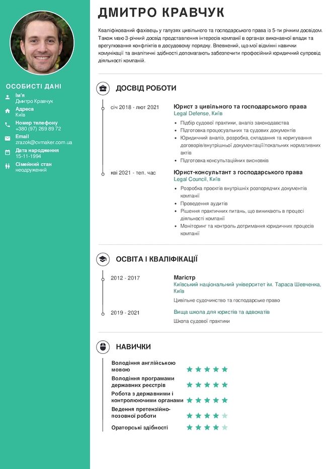 Приклад резюме юриста