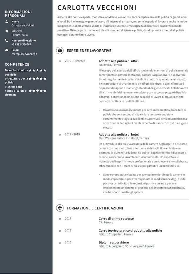 Esempio di curriculum per addetta alle pulizie
