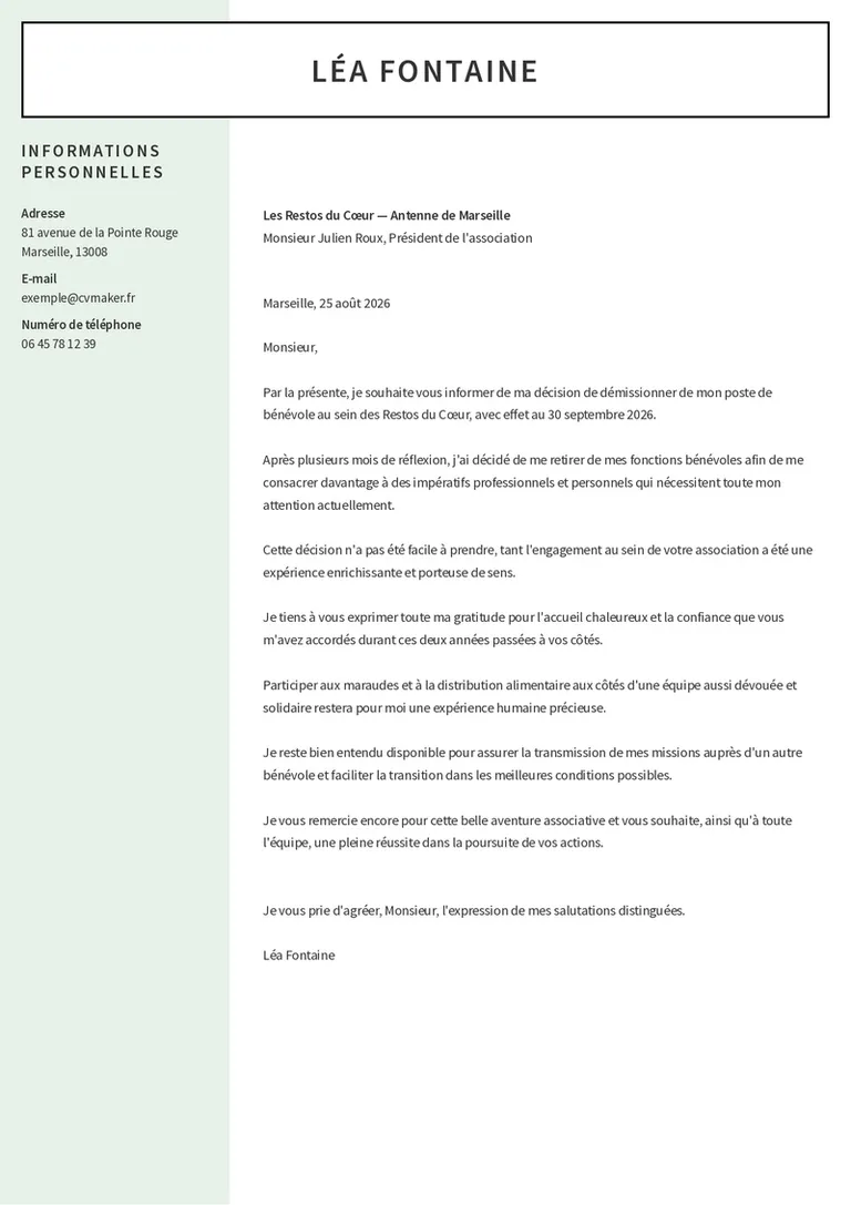 Lettre de démission volontariat