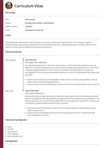 Eksempel på lagermedarbejder CV
