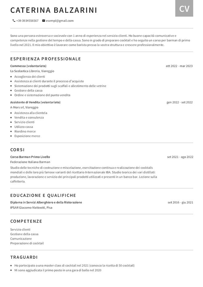 Esempio di curriculum da barista