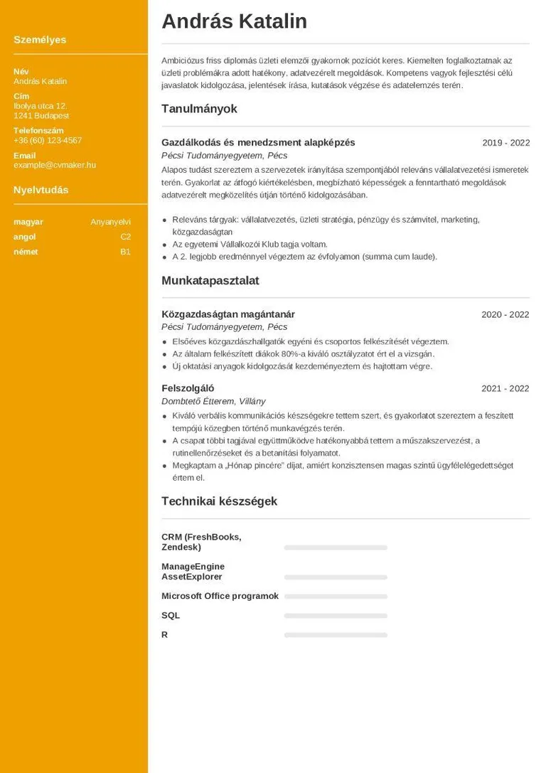 gyakornoki önéletrajz minta