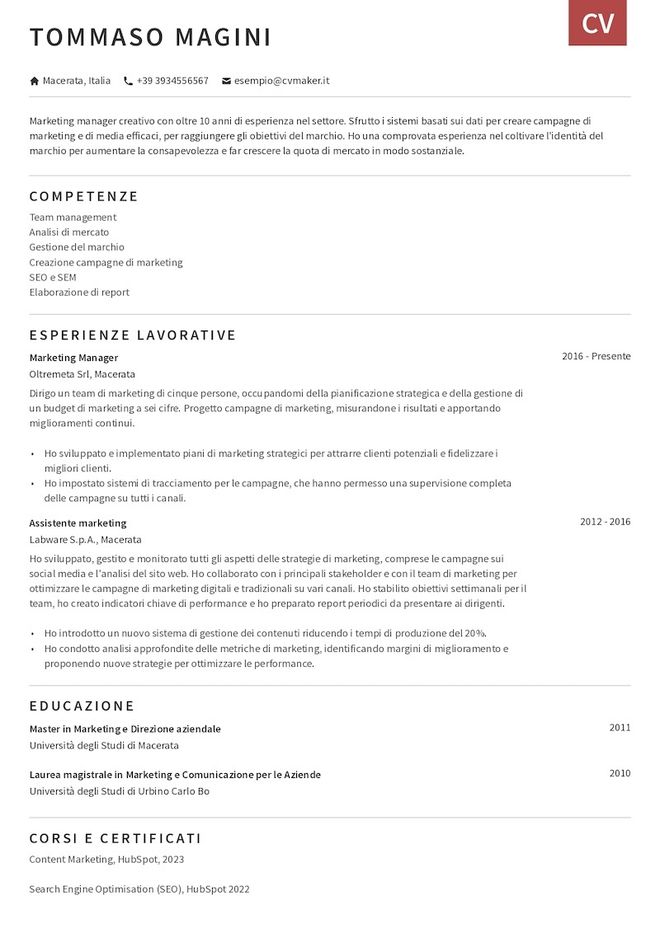 Esempio di curriculum marketing