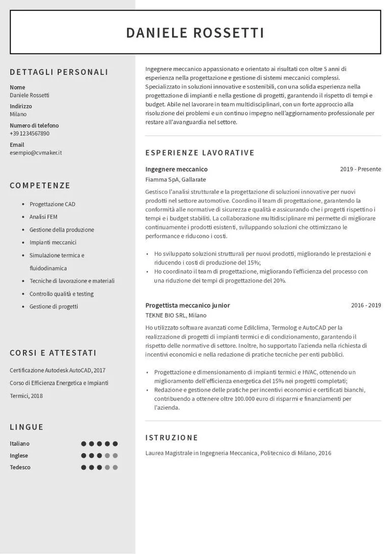 Esempio di curriculum per ingegnere meccanico