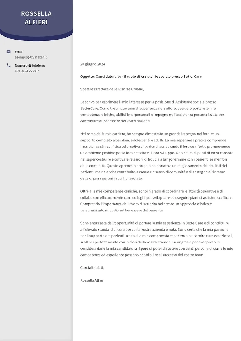 Esempio di lettera di presentazione per assistente sociale
