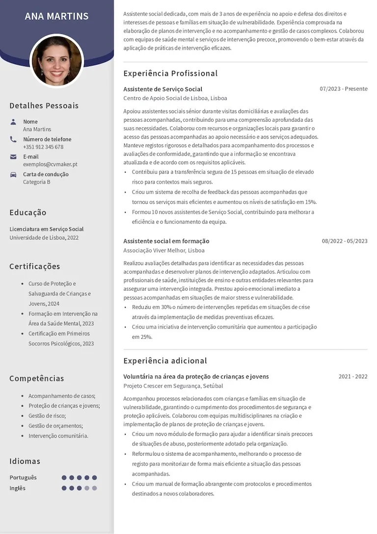 Exemplo de CV de assistente social