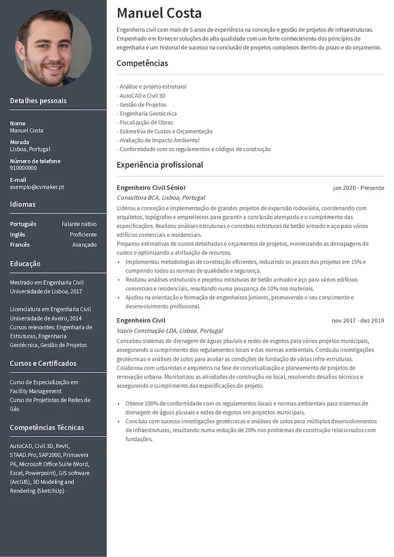 Exemplo de CV de engenheiro civil