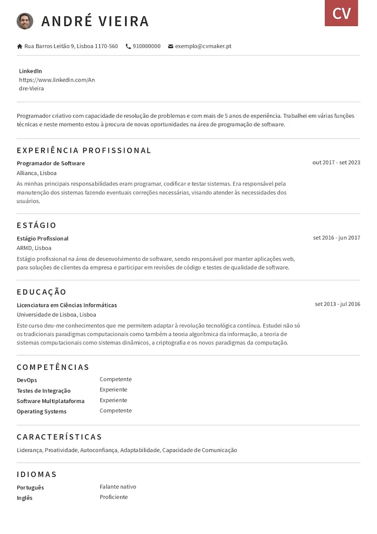 Exemplo de um CV de programador