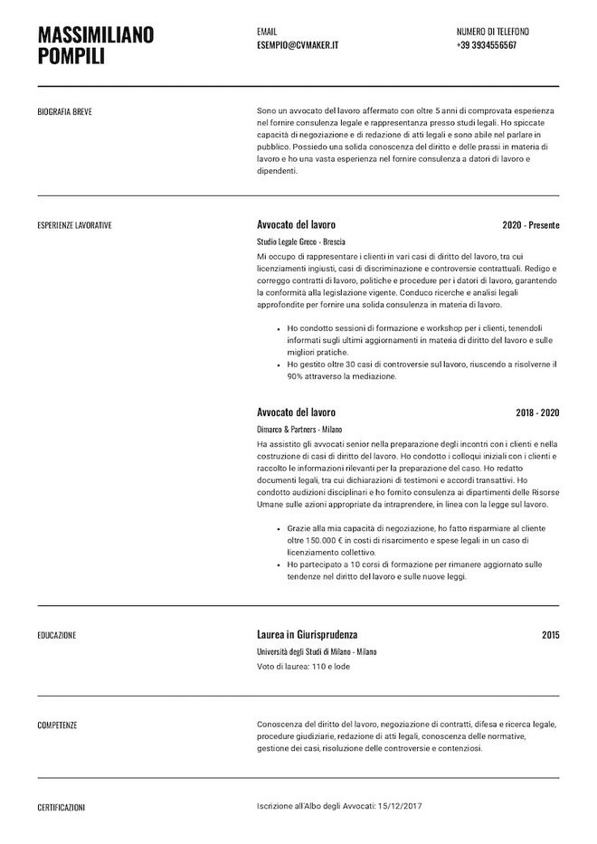 Esempio di CV da avvocato