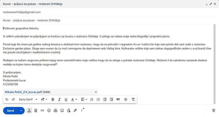 prijava za posao kuvar