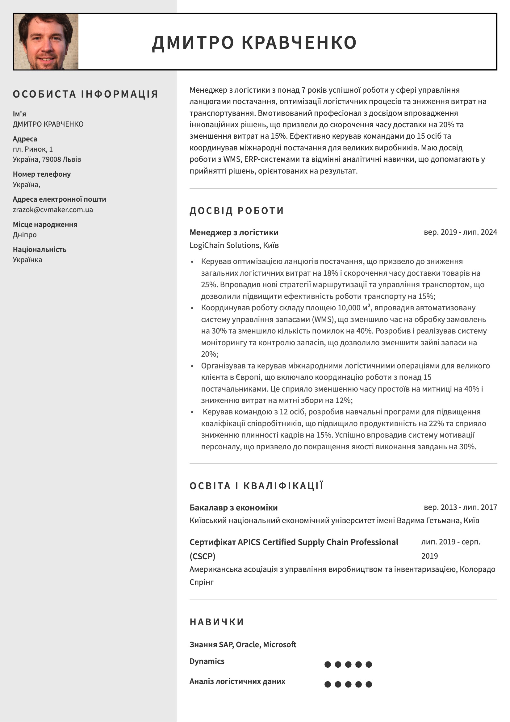 приклад резюме менеджера з логістики