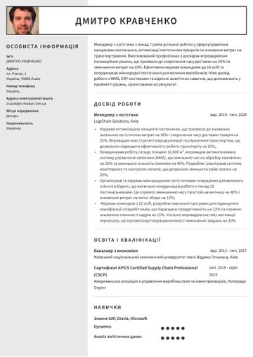 приклад резюме менеджера з логістики