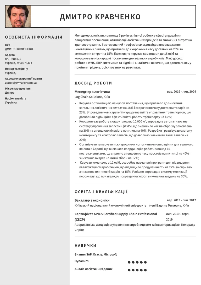 приклад резюме менеджера з логістики