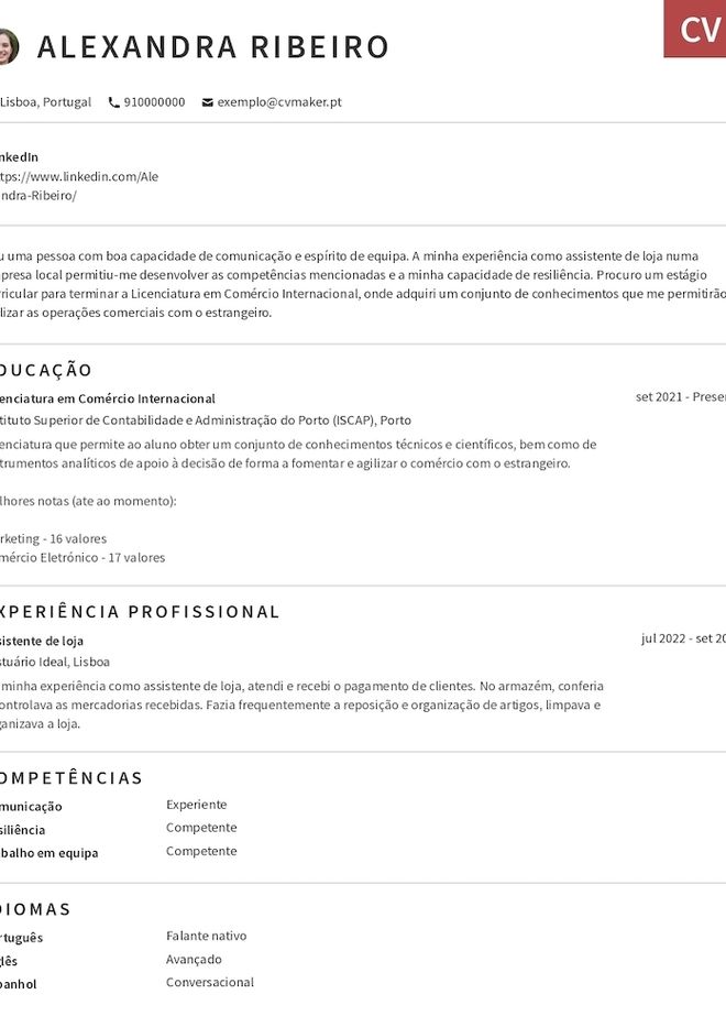 Modelo de Curriculum Vitae de Estudante