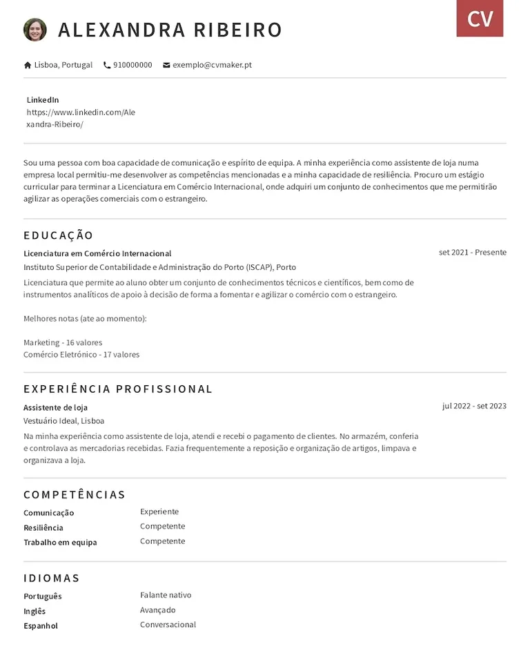 Modelo de Curriculum Vitae de Estudante