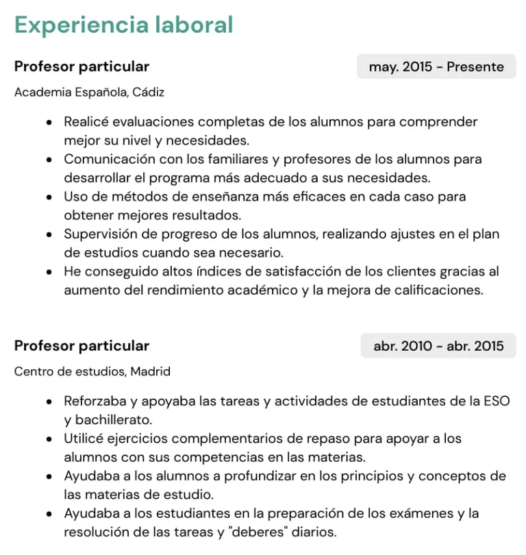 ejemplo de experiencia laboral docente