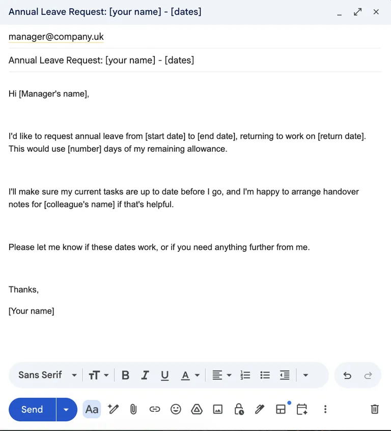 annual leave request email template for UK jobseekers