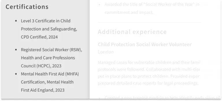 courses and certificates on a medical CV sample