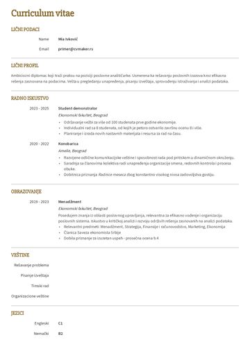 Primer CV za praksu