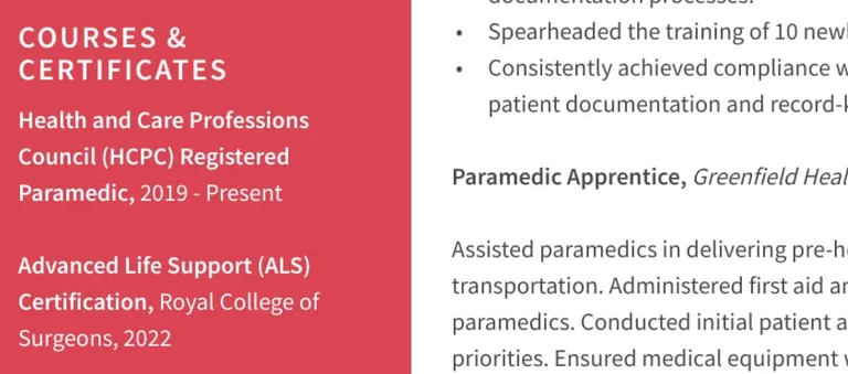 courses and certificates on a paramedic CV