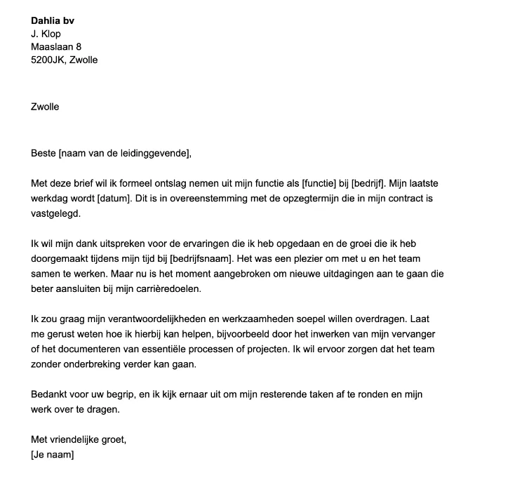 Professionele ontslagbrief - voorbeeld