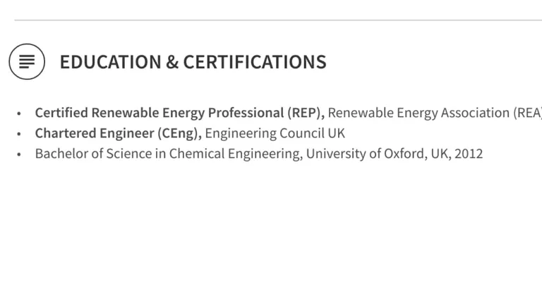 Courses and certificates renewable energy engineer CV