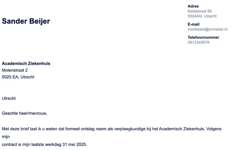 Voorbeeld briefhoofd ontslagbrief verpleegkundige