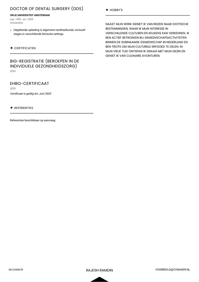 Tandarts cv voorbeeld met twee pagina's