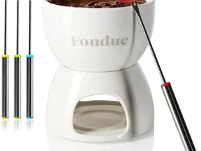 Conjunto de fondue de chocolate premium, tigela de cerâmica com porta-velas e 4 garfos, cadinho para chocolate e queijo, cadinho - tigela de sobremesa para 4 pessoas (branco)