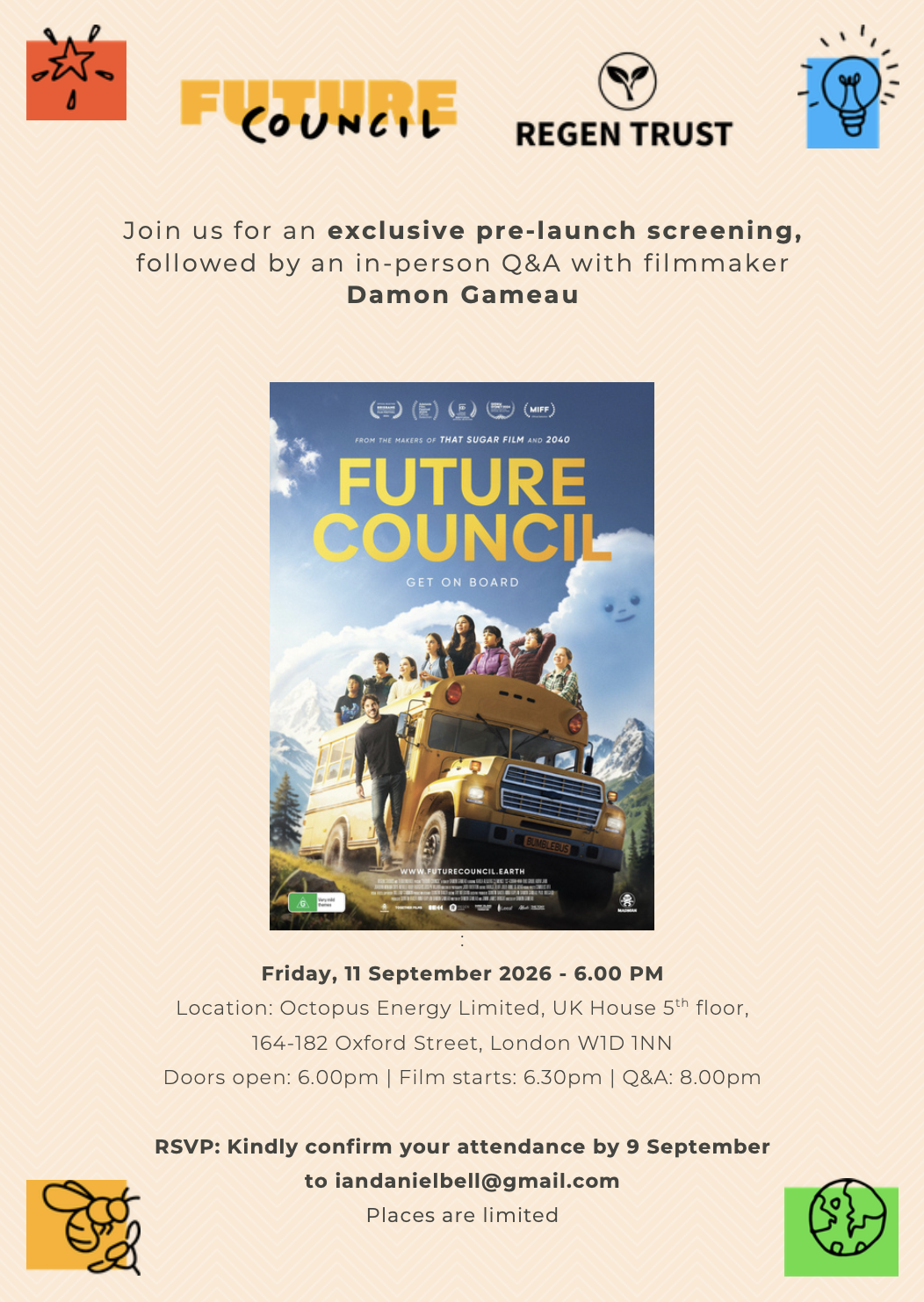 Poster for "Future Council" pre-launch screening on Sep 11, 2026, 6 PM at Octopus Energy, London. Includes RSVP details and filmmaker Q&A info.