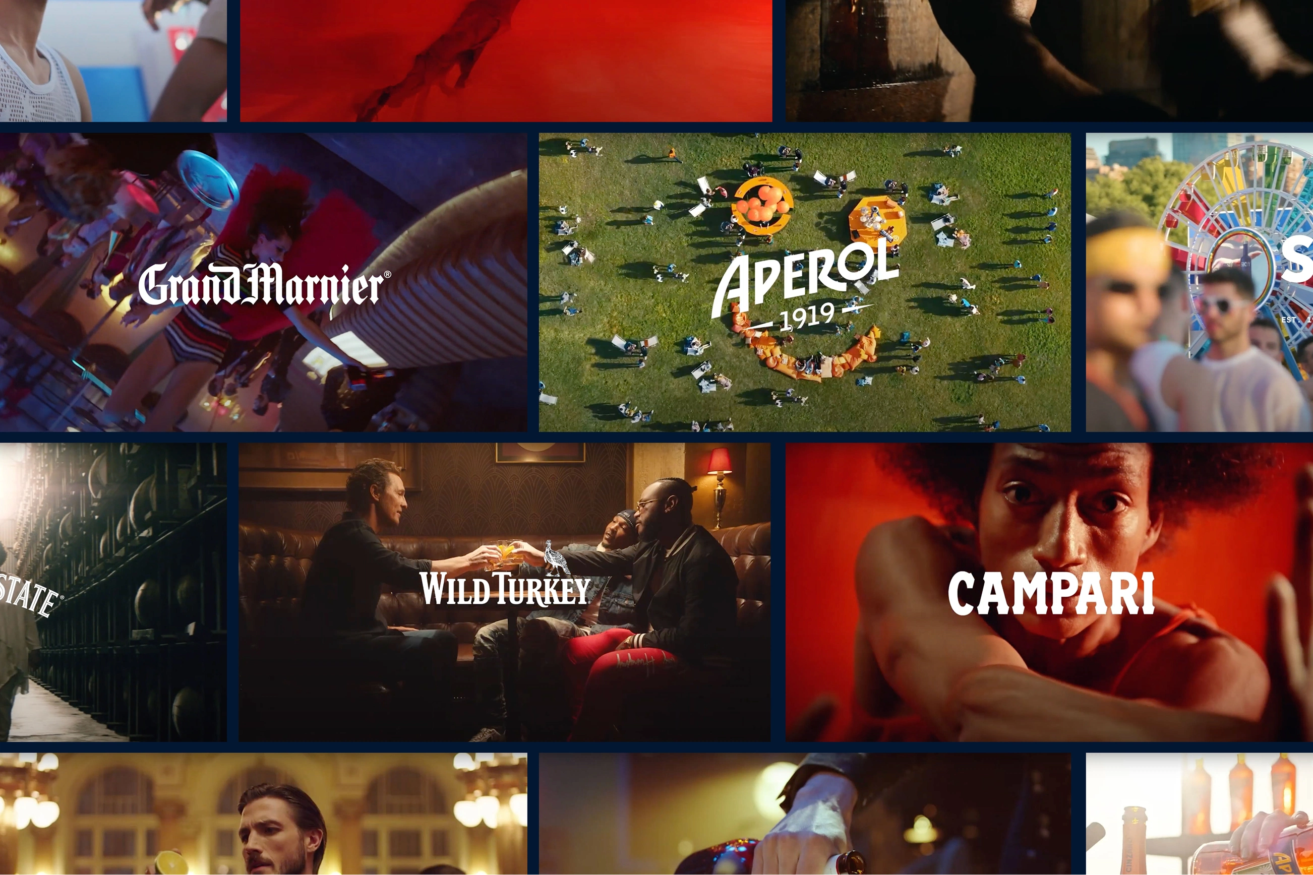 Collage of branded scenes featuring Grand Marnier, Aperol, Wild Turkey, and Campari, showcasing vibrant social and drink settings.