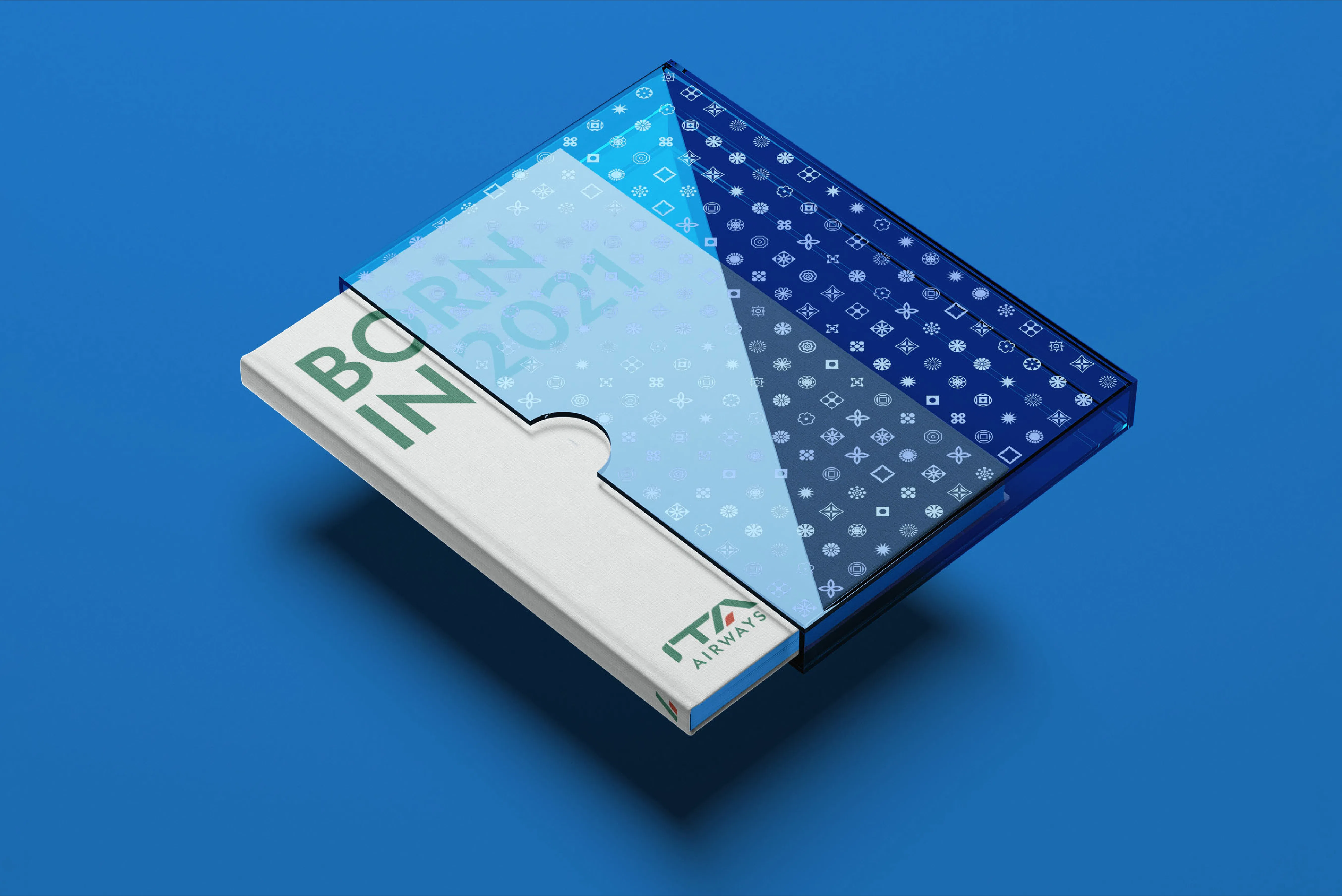 ITA Airways book "Born in 2021", with transparent blue case