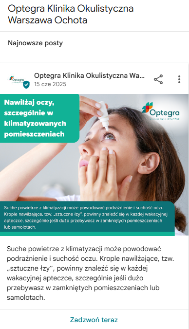 Optymalizacja wpisów w wizytówce Google dla kliniki Optegra