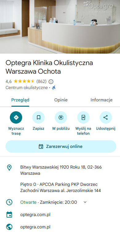 Optegra Klinika Okulistyczna Warszawa Ochota - Widok wizytówki Google