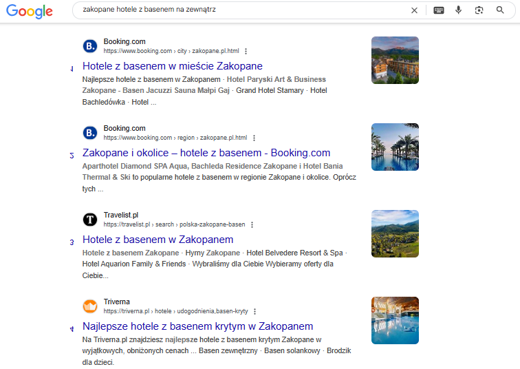 Widok wyników wyszukiwania na frazę ofertową zakopane hotele z basenem na zewnątrz