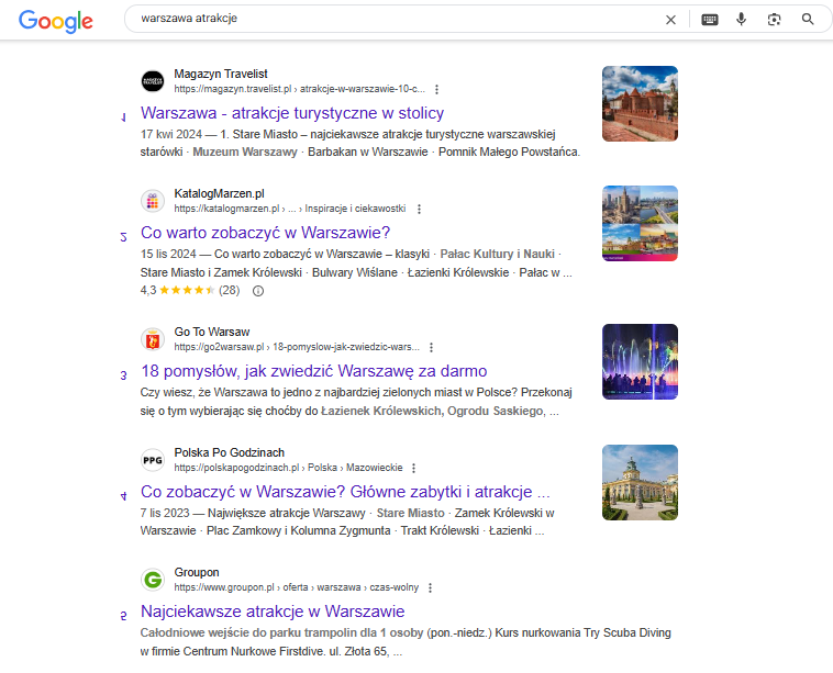 Widok wyników wyszukiwania na frazę informacyjną warszawa atrakcje