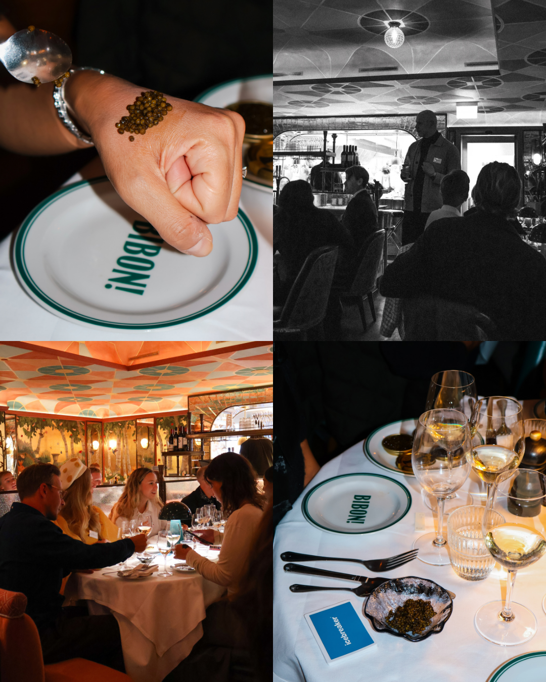 A collage from the Bibon restaurant: caviar on a fist above a plate bearing the restaurant’s logo, a lecture event, an elegant dining room, and a set table with wine glasses.