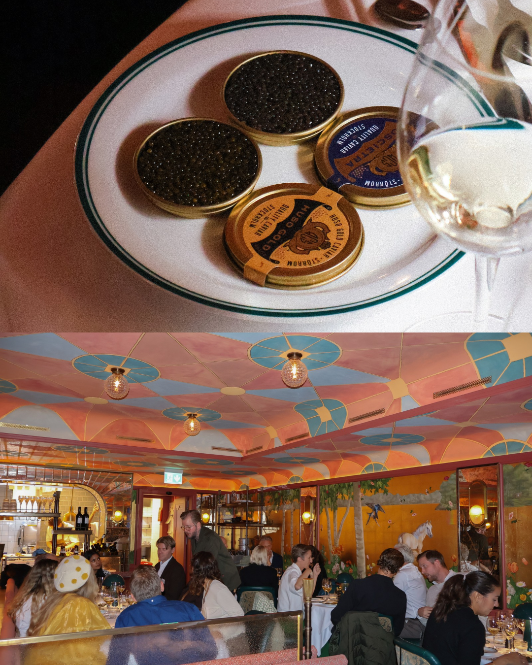 Three open jars of black caviar on a plate, with a glass of white wine above them; below, a lively and colorfully decorated restaurant interior with guests is visible.