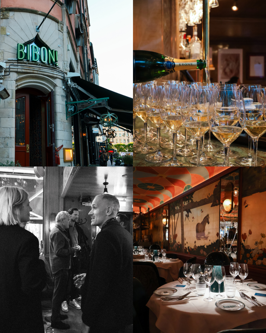 A collage from the Bibon restaurant: an outdoor sign, champagne glasses being filled, guests socializing, and an elegant dining room with murals.
