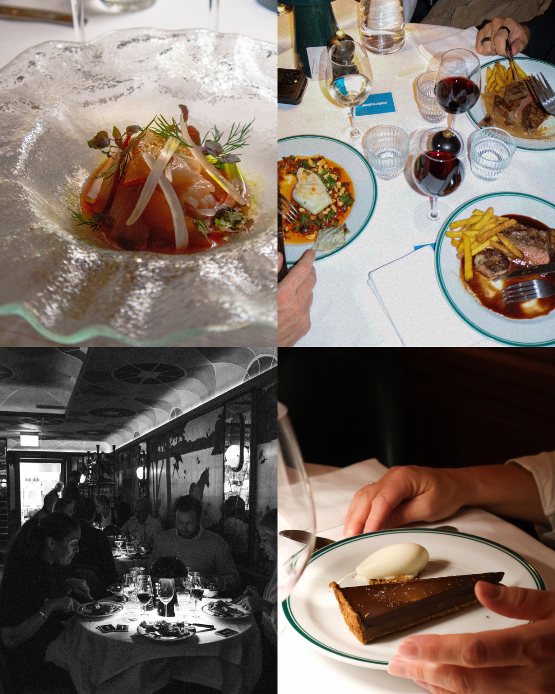 A four-part collage depicting an upscale restaurant: an elegantly plated dish, a table set with steak and wine, a dimly lit dining room, and a chocolate cake for dessert.