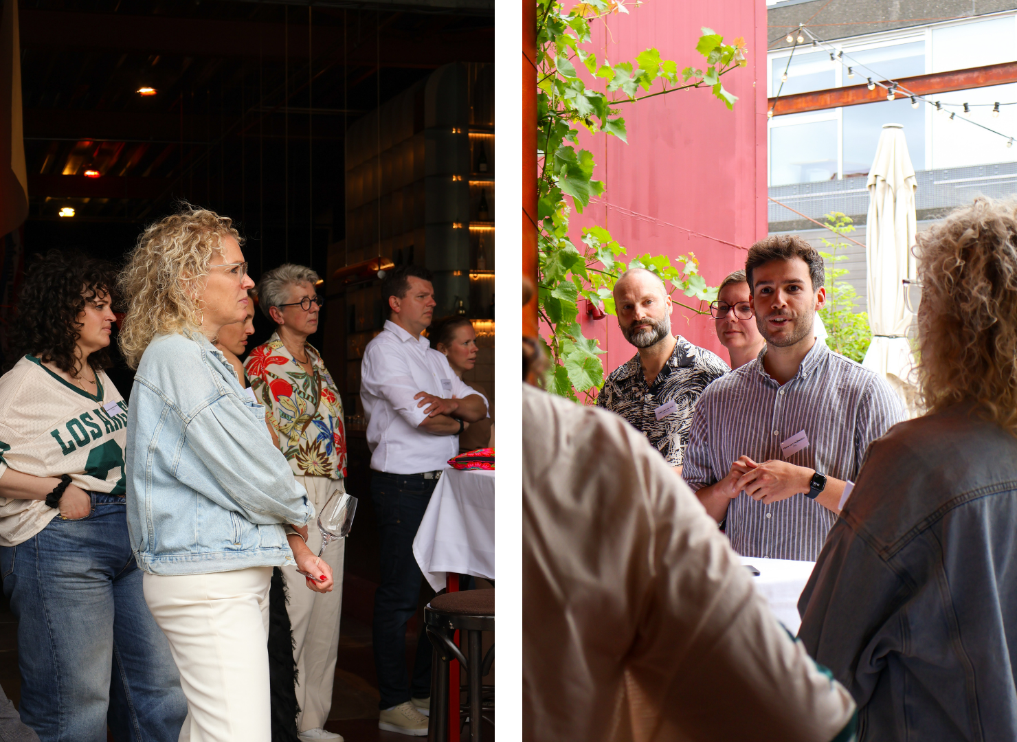 Two scenes: people gathered indoors listening attentively, and a small group conversing outdoors near a red wall with greenery.