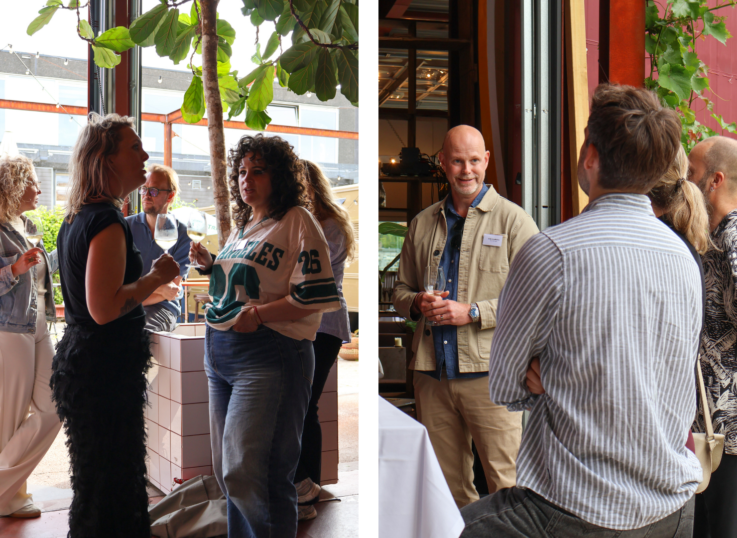 People socializing at an indoor networking event, holding drinks and engaging in conversations in a modern, plant-filled venue.