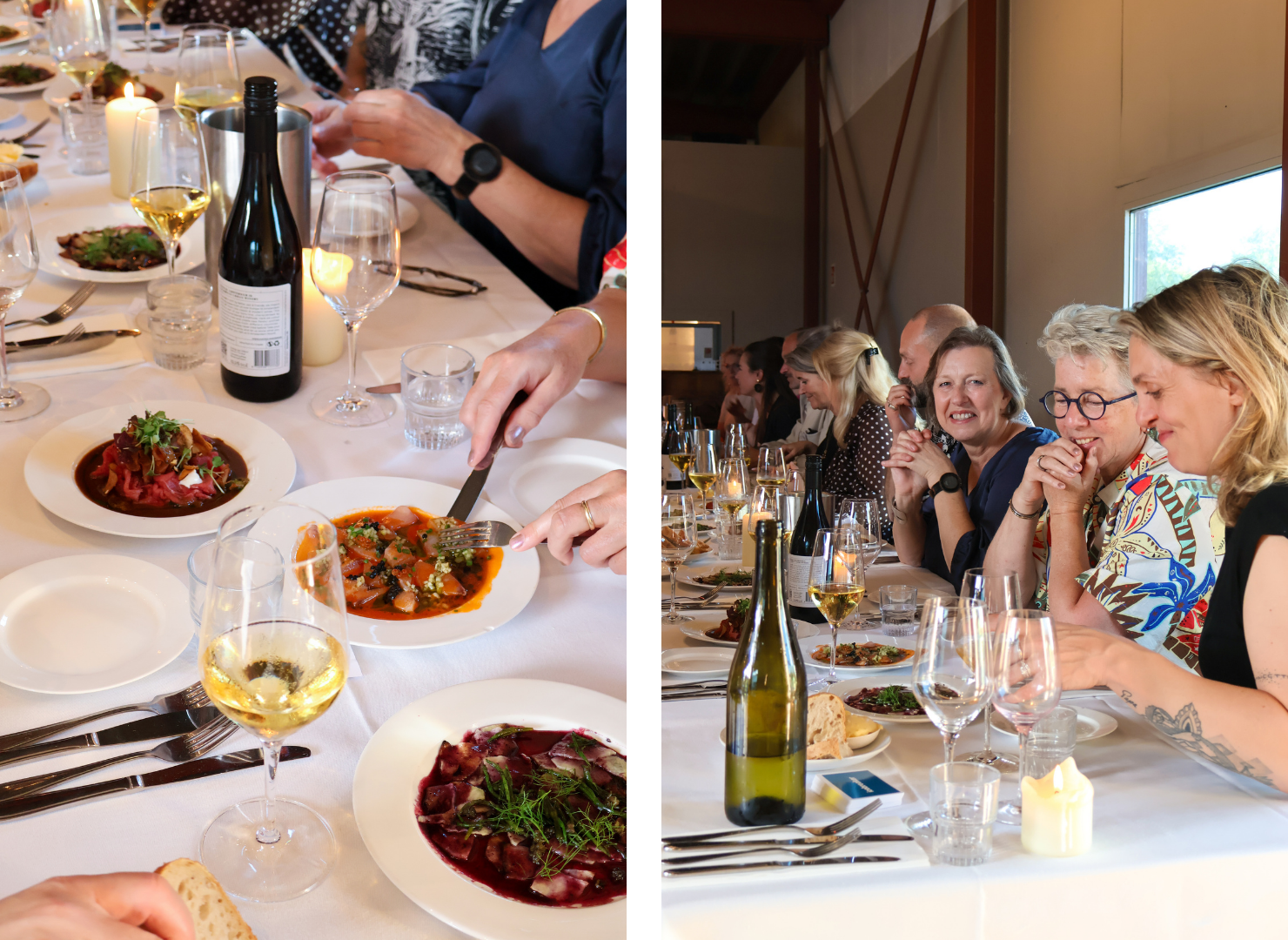 Elegant dinner event with guests enjoying wine and plated dishes at a long white-tablecloth table in a modern dining room.