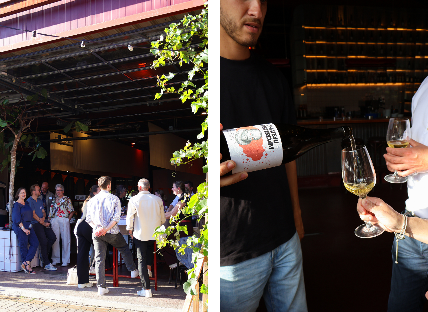People gathering at a bar entrance; a man pours white wine into glasses at an indoor venue.