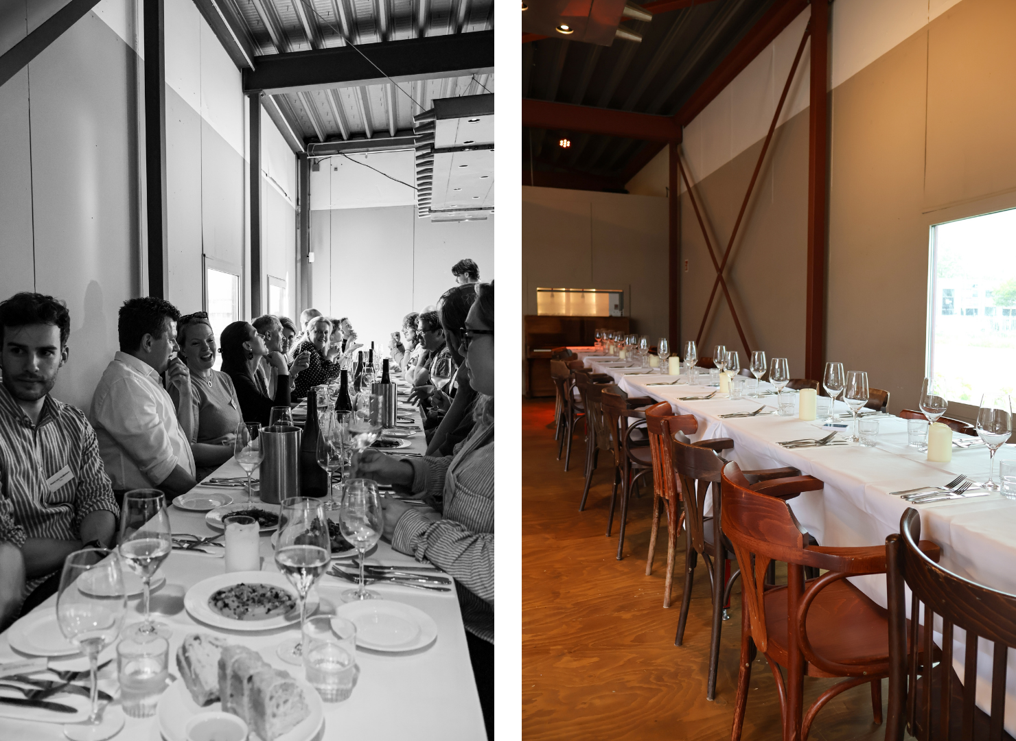 Split image: left shows guests dining at a long table in B&W; right shows an elegant empty restaurant table set with wine glasses.