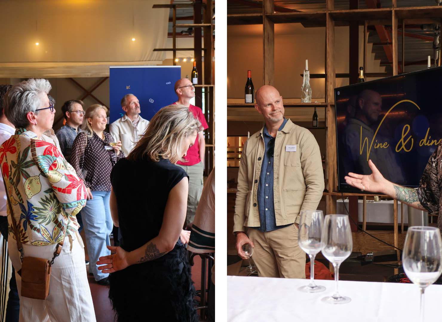 A Wine & Dine event with guests mingling on the left and a man presenting near a branded sign on the right, with wine glasses on a table.